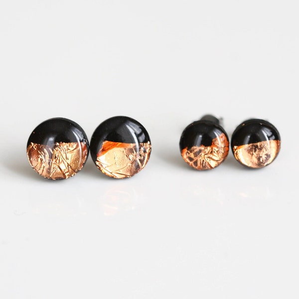 Black and rose gold stud earrings with surgical hypoallergenic steel base, Handmade jewelry