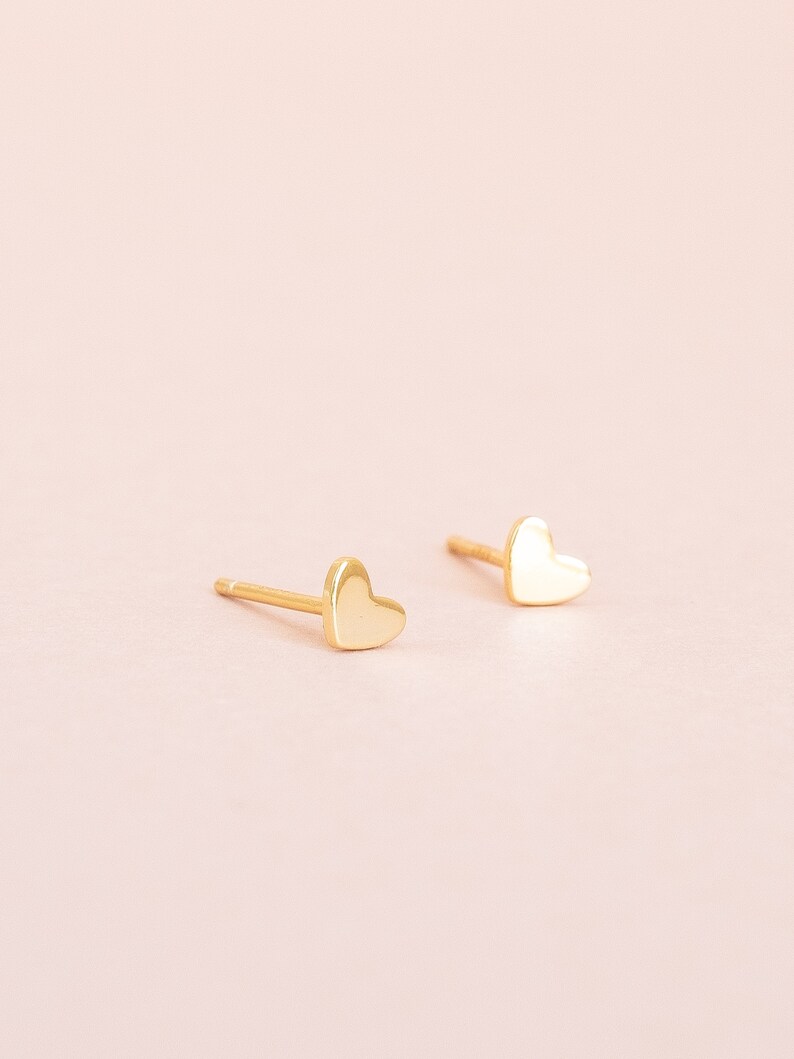 Minimalist second piercing stud earrings, 18k Gold heart studs, Delicate earrings for sensitive ears image 1