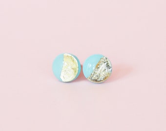 Gold mint stud earrings, 8mm delicate surgical steel studs, Hypoallergenic earrings for sensitive ears Handmade jewelry