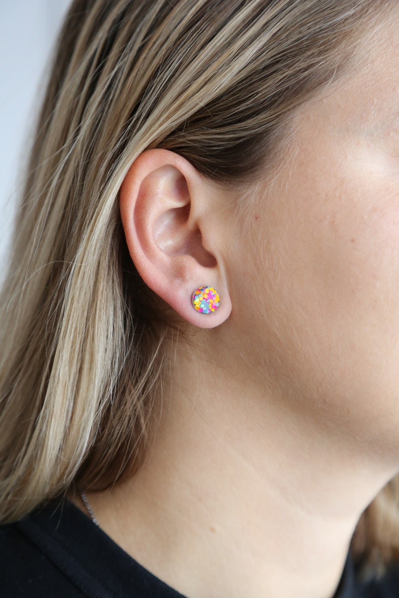 Confetti tiny stud earrings 8mm, Hypoallergenic earrings for sensitive ears, Handmade jewelry image 3