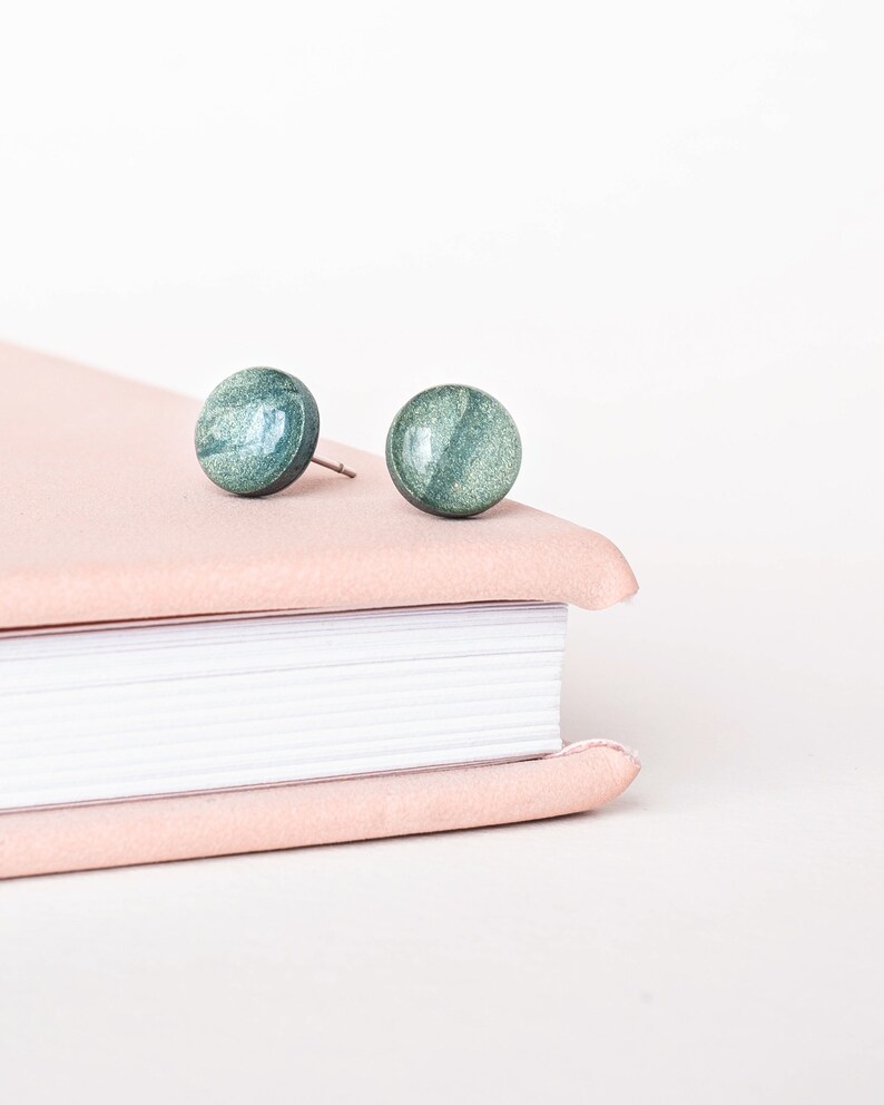 Green stellar studs, Hypoallergenic stainless steel earrings, Handmade polymer clay jewelry image 5