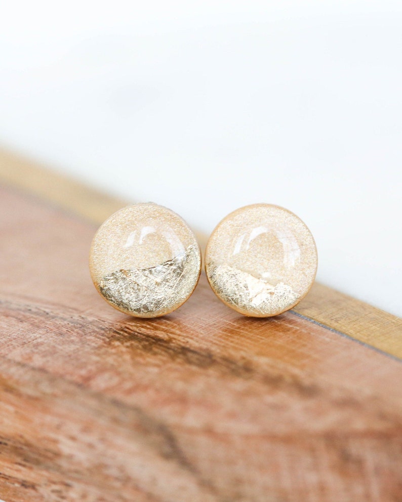 Champagne sparkly gold stud earrings, Minimalist gold earrings with surgical hypoallergenic steel base, Polymer clay jewelry image 4