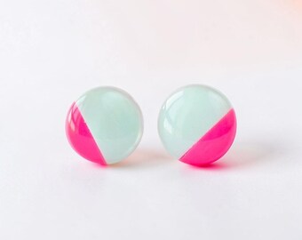 Mint and Fuchsia Polymer Clay Stud Earrings, Hypoallergenic