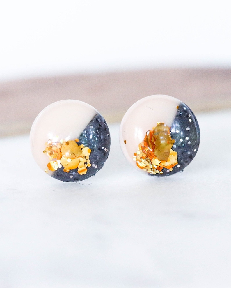 Granite and champagne surgical steel earrings, Hypoallergenic studs, Handmade jewelry, Gift for her image 9