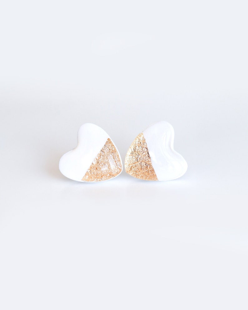 White heart stud earrings with gold foil made with stainless steel posts, polymer clay jewelry image 1