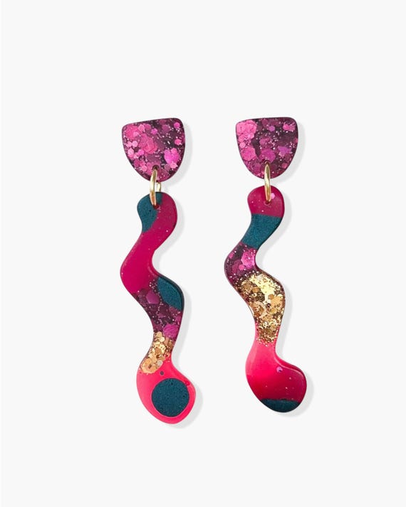 Bright statement earrings, Pink fashion earrings with colourful glitter, Hypoallergenic Stainless Steel Posts