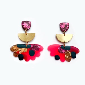 Bright statement earrings, Pink flower earrings with colourful glitter, Handmade jewelry gift