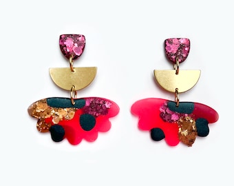Bright statement earrings, Pink flower earrings with colourful glitter, Handmade jewelry gift
