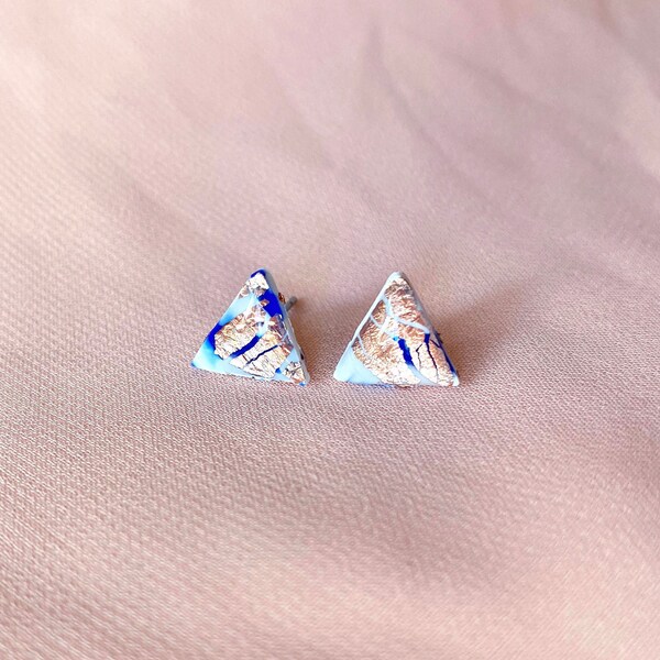 Marble triangle stud earrings with surgical steel posts for sensitive ears