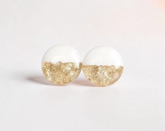 White gold foil stud earrings, Handmade jewelry gift for her, Hypoallergenic surgical steel studs
