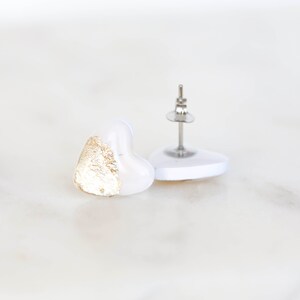 White heart stud earrings with gold foil made with stainless steel posts, polymer clay jewelry image 3