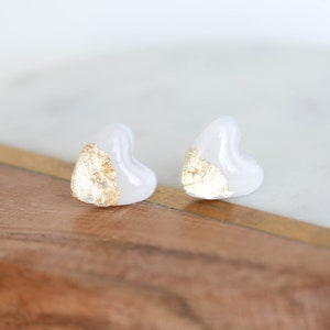 White heart stud earrings with gold foil made with stainless steel posts, polymer clay jewelry image 6