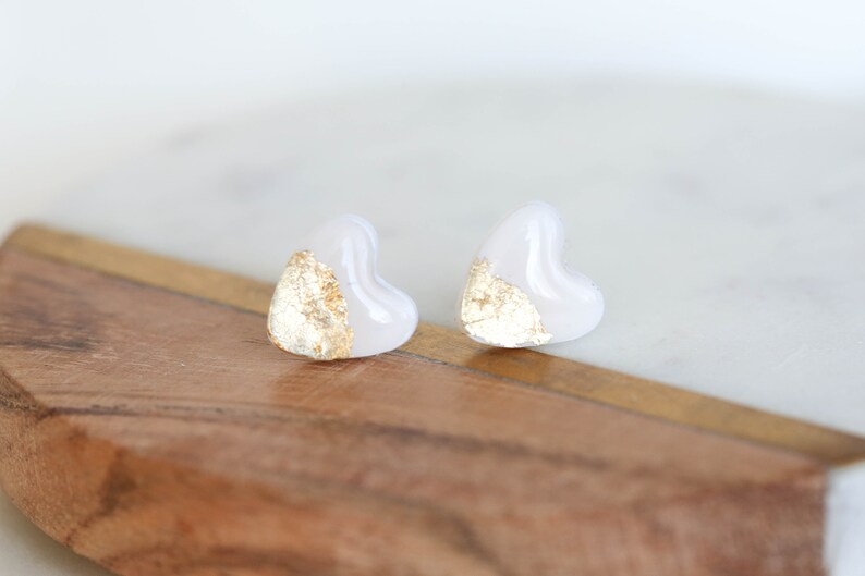 White heart stud earrings with gold foil made with stainless steel posts, polymer clay jewelry image 6