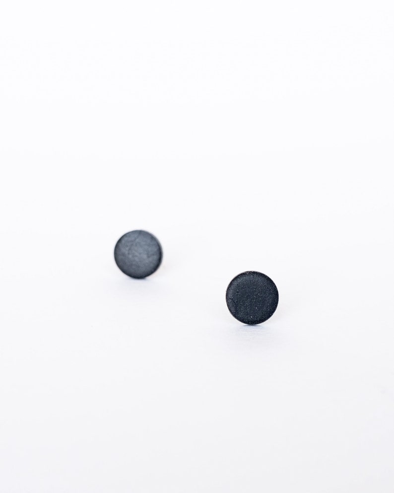 Black matte stud earrings, Hypoallergenic stainless steel earrings, Handmade polymer clay jewelry image 8