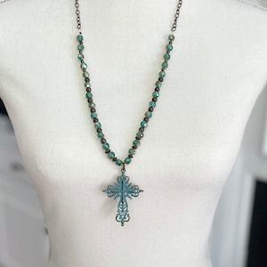 Turquoise patina cross necklace/beaded necklace/inspirational jewelry/religious jewelry/