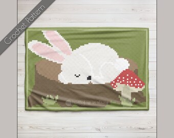 Patrón de ganchillo Sleepy Bunny C2C, Graphgan de conejo del bosque, manta de bebé del bosque encantado, manta de lanzamiento de setas, manta de animal durmiente