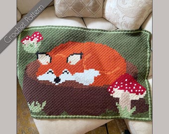 C2C-haakpatroon Sleepy Fox | Woodland-babydeken | Cottage Graphgan | Cadeau kraamcadeau | Kinderkamerdecoratie | Bospaddenstoelenlogboek