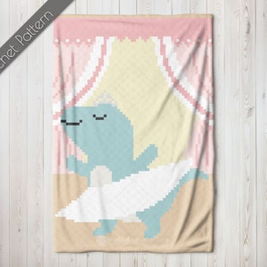 May include: A crochet pattern featuring a light blue dinosaur wearing a white tutu and a crown. The dinosaur is standing in front of a pink and yellow curtain.