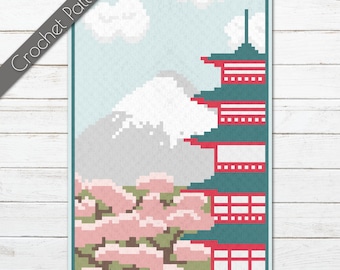 Mount Fuji C2C Crochet Pattern | Cherry Blossoms Blanket | Chureito Pagoda Graphgan | Fuji Five Lakes Graph | Japanese Travel Afghan