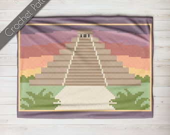 Chichén Itzá C2C-haakpatroon | Mexico-deken | Maya-piramide Graphgan | Tempel van Kukulcán van hoek tot hoek | Bezienswaardigheid in El Castillo