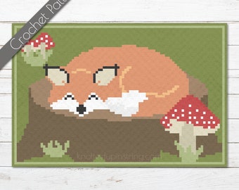 Sleepy Fox C2C Crochet Pattern | Woodland Baby Blanket | Cottagecore Graphgan | Baby Shower Gift | Nursery Décor | Forest Mushroom Log