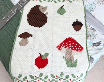 Woodland Sampler C2C-haakpatroon, gehaakte deken bosdier, paddenstoelworp, herfsthuisje Graphgan, patroon egelbabydeken