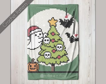 Halloween-kerst C2C-haakpatroon, gehaakt spookdeken, schedel kerstboom van hoek tot hoek worp, spooky Harvest Moon Graphgan