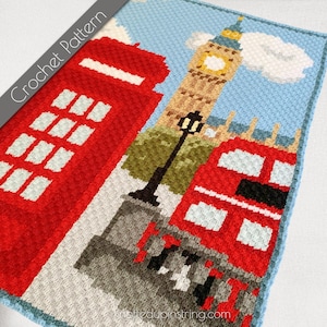Patrón de ganchillo C2C de Londres / Manta del Big Ben / Gráfico de viaje / Plaza del Parlamento afgano / Gráfico de autobús rojo / Gráfico de cabina telefónica de cabina telefónica roja