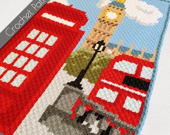 London C2C Crochet Pattern | Big Ben Blanket | Travel Graphgan | Parliament Square Afghan | Red Bus Graph | Red Phonebox Phone Booth Chart