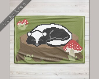 Patrón de ganchillo Skunk C2C / Manta para bebés del bosque / Graphgan animal / Gráfico de esquina a esquina del bosque de hongos / Decoración de vivero Cottagecore