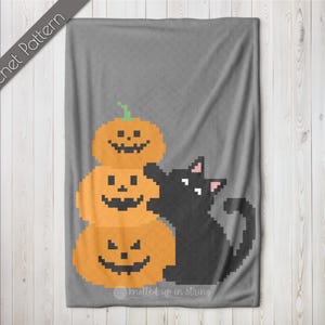 May include: A crochet pattern for a gray blanket with a black cat and three stacked orange pumpkins with jack-o-lantern faces. The text "knotted up in string" is at the bottom of the blanket.