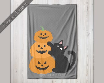 Halloween kat C2C-patroon, spookachtige pompoenen gehaakte deken, Haunted Jack OLanterns Graphgan, zwarte kat grafiek, betoverend vakantiehuisdecor