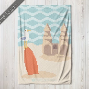 May include: A crochet pattern featuring a beach scene with a sandcastle, a seagull, and a blue sky. The pattern is designed to be worked in a variety of colors.