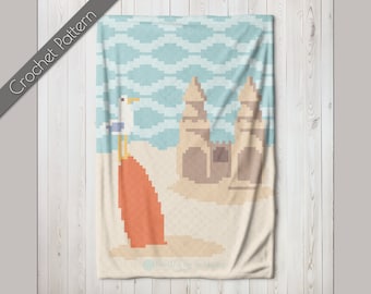 C2C-patroon surfen en zandkastelen, gehaakte deken Summer Beach Vibes, Ocean Waves Graphgan, Seagull-surfplank van hoek tot hoek Afghaans,