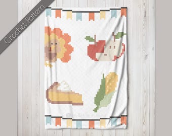 Thanksgiving C2C-dekenpatroon, herfst Turkije Graphgan, herfstvakantie pompoentaart gehaakte deken, oogst appel deken, maïskolf