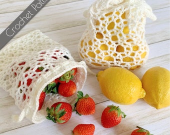 Crochet Produce Bag Pattern | Farmer’s Market Drawstring Pouch | Mesh Foraging Sack | Eco Friendly Reusable Bag | Zero Waste Net String Bag