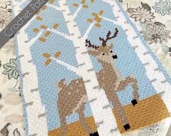 C2C-haakpatroon hert | Woodland-babydeken | Dierlijk grafiet | Schattige babyhert Afghaan | Bosgrafiek | Cadeau kraamcadeau | Kinderkamerdecoratie