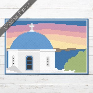Modèle au crochet Santorin C2C | Voyage Graphgan | Couverture Sunset Grèce | Destination de voyage afghane | Paysage marin d'une île grecque de coin à coin