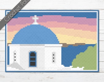 Santorini C2C-haakpatroon | Reizen Graphgan | Griekenland zonsondergang deken | Reisbestemming Afghaans | Zeegezicht van Grieks eiland van hoek tot hoek