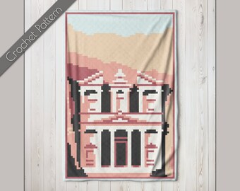 Petra C2C-haakpatroon, reizen C2C-grafiek, Wanderlust-cadeaudeken, Raqmu Jordan-haakwerk, historisch monument Afghaans, Al-Khazneh C2C-worp