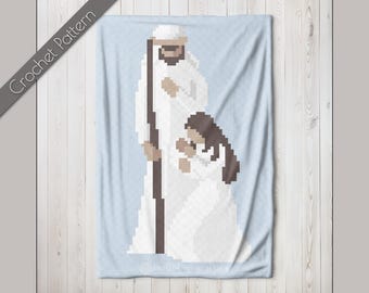 Nativity C2C-haakpatroon, kerstdekenpatroon, christelijke heilige familie Graphgan, baby Jezus hoek aan hoek Afghaans, moeder Maria C2C