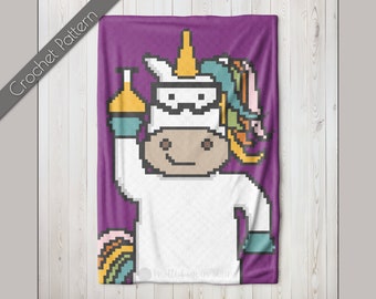 Science Unicorn C2C-haakpatroon, schattig wetenschapsdeken, gekke wetenschapper plaid, magisch sprookjesdier Graphgan, kinderregenboogdeken
