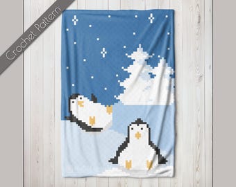 Rodelen pinguïns C2C dekenpatroon, Winter Wonderland Graphgan, vakantie sneeuwvlok haak Afghaans, leuke kerst hoek tot hoek gooien