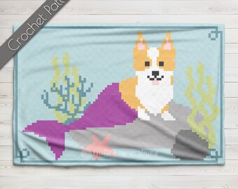 Corgi sirena C2C patrón de ganchillo / Welsh Corgi Graphgan / manta gráfica de sirena / bajo el mar afgano / manta de bebé del océano