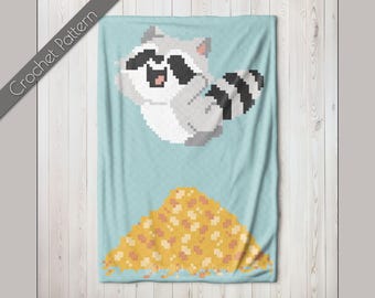 It's Fall Y'all Raccoon C2C-haakpatroon, herfstbladeren bosdeken, springende bladstapel Graphgan, bosdier hoek tot hoek
