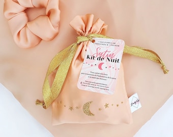 Kit de nuit  - Taie d'oreiller satin - Pochon satin - Chouchou satin – Cadeau pour elle - Soin des cheveux – Luxury nightwear – Lune doré