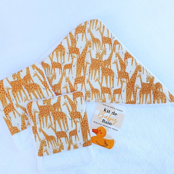 Serviette de bain à capuche – Set Serviette girafes – Lingettes bébé - Cadeau de baptême filleul – Cape et gants de bain - Coffret bébé