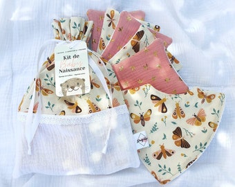 Kit de naissance, Bavoir bandana, Lingettes lavables, Pochon, Coffret bébé, trousseau de naissance,Cadeau personnalisable, Fleurs, Girl