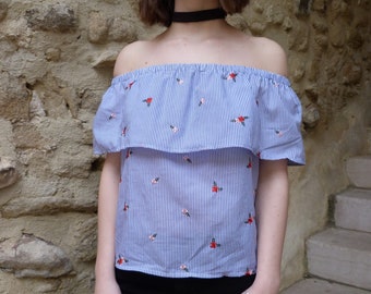 Tops à épaules dénudées rayures et broderies / Haut femme / Vêtement fait main / Top col Bardot / T-shirt épaules nu / cadeau st Valentin