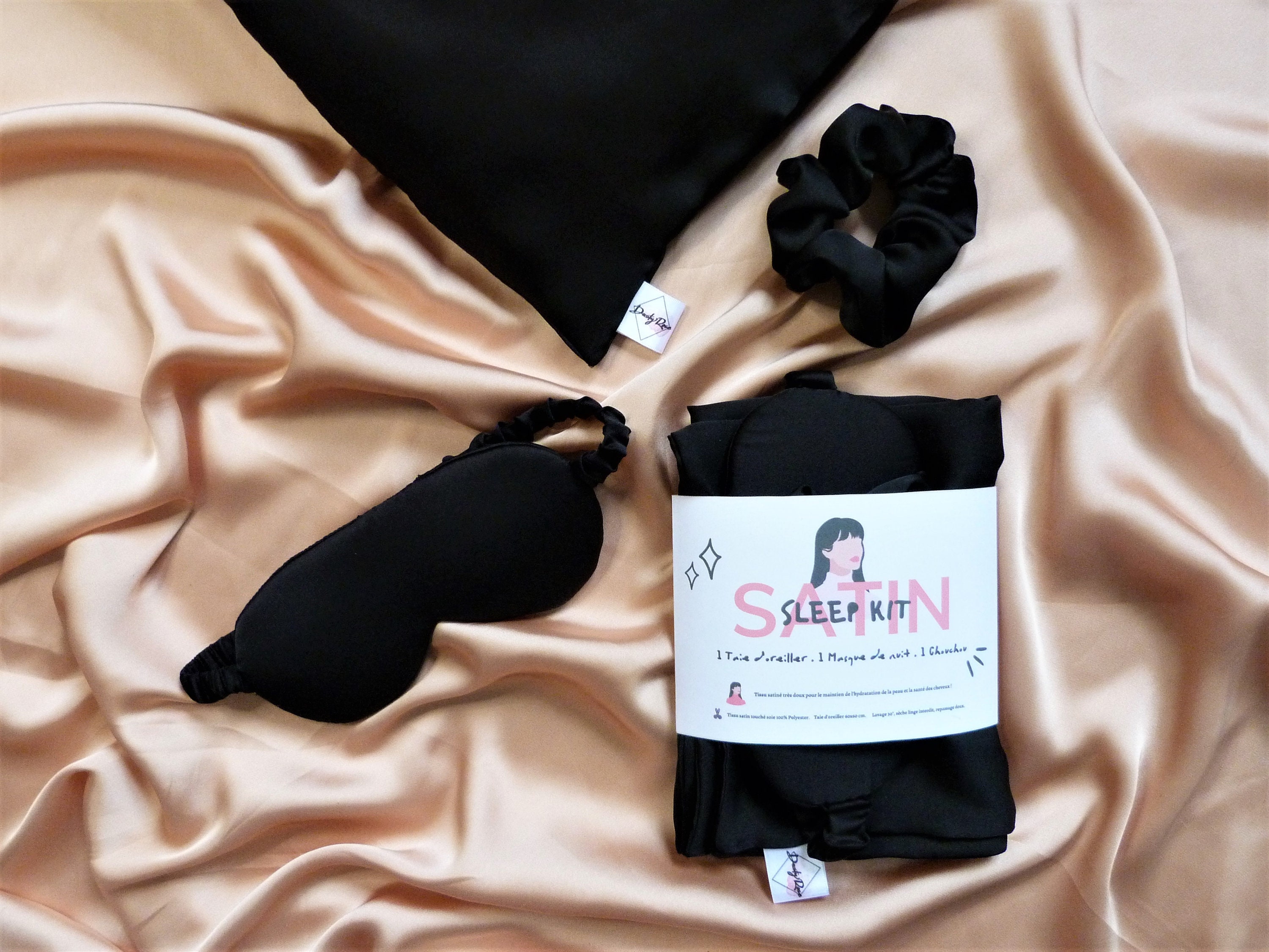 Kit de Sommeil Personnalisable/Satin Touché Soie /Taie d'oreiller Masque Nuit Chouchou Noir Scrunchi